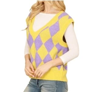 Retro 60's  StyleYELLOW PURPLE CHECKERED VEST Sizes M-XL